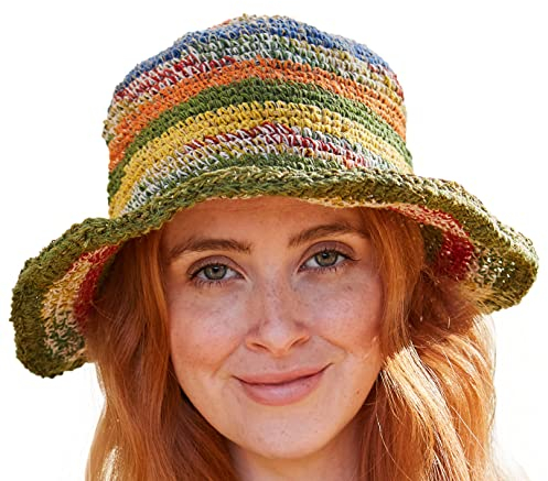 Pachamama Sonnenhut aus Hanf, Baumwolle, gehäkelt, breite Krempe, gestreift, mehrfarbig, Einheitsgröße, faltbar, für Reisen, Urlaub, Strand, Garten, handgefertigt, Fair Trade