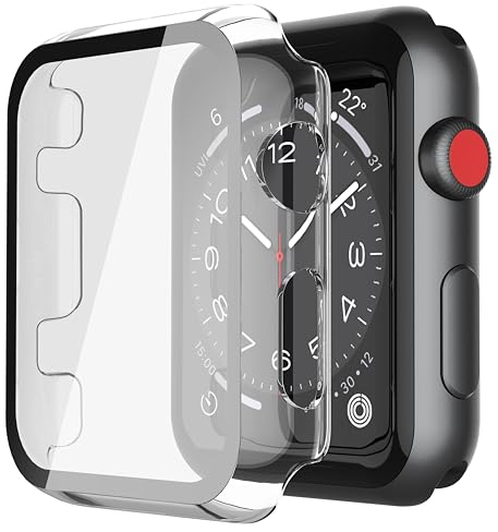 Misxi 2-Stück PC Hülle mit Displayschutz aus Gehärtetem Glas Kompatibel mit Apple Watch Series 3 Serie 2 38mm, HD Ultradünne iWatch Schutzhülle, 1 Schwarz + 1 Transparent