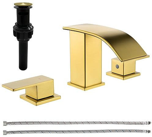 VIKASI Rubinetto per lavabo da bagno in oro spazzolato con scarico pop-up Rubinetti da bagno a cascata per lavandino Rubinetto per lavabo da bagno a 3 fori Rubinetto per lavabo moderno a 2 maniglie