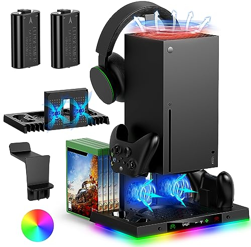 Ventola e stazione di ricarica per Xbox Series X con luce a colori 15RGB, FYOUNG 2 batterie ricaricabili e supporto di ricarica per Xbox Series X accessori