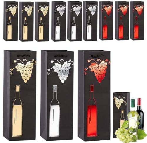 Kraft Paper Wine Bottle Bags with Strong Rope Handles,12 Pack Black Bottle Bags for Wine,Whiskey,Champagne,Reusable Wine Tote Bag Single Wine Bottle Gift Bags for Christmas Wedding Birthday Party