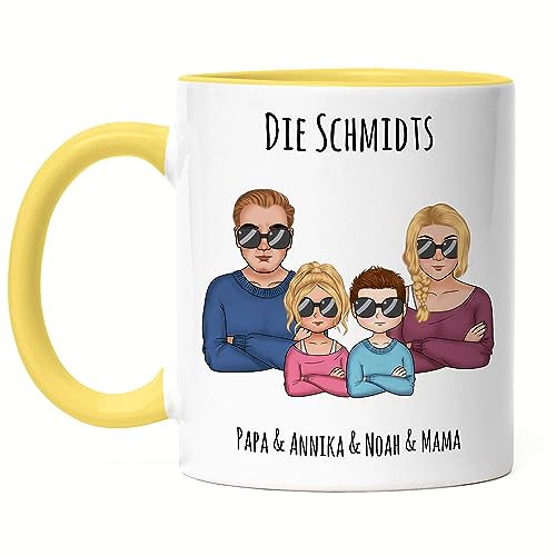 Kiddle-Design Familien Tasse Gelb Personalisiert Vater Mutter 2 Kinder Muttertag Vatertag Papa Mama Coole Family Sohn Tochter