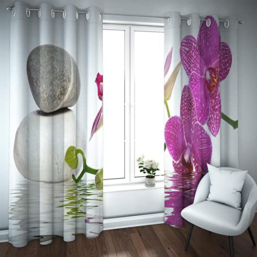 HengYun ART Zen Stein Verdunkelungsvorhang Rosa Orchidee Blumenlicht Reduzierung Wärmeisoliert Energiesparende Tüllenvorhänge für Wohnzimmer Schlafzimmer 2X W152xL213cm