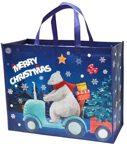 DOJoykey Extra große Weihnachtstüten, Weihnachtstragetaschen mit Griff, Weihnachtstüten aus Vliesstoff, wiederverwendbare Einkaufstüten, Einkaufstüten für Weihnachtsfeiern, 20 x 16 x 7 Zoll
