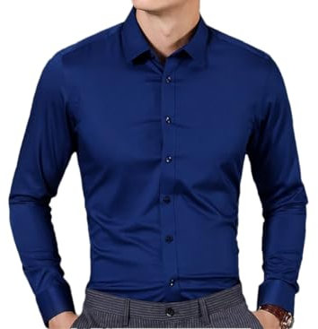 Chemise d'affaires en fibre de bambou pour homme à manches longues extensible solide chemise douce pour la peau, bleu marine, L