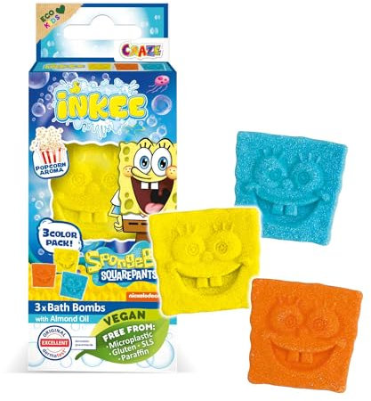 INKEE Badebomben Kinder SPONGE BOB Mini Pack - 3er Pack Badekugeln mit spaßigen Farben, PopCorn Aroma & Mandelöl - 3x15g