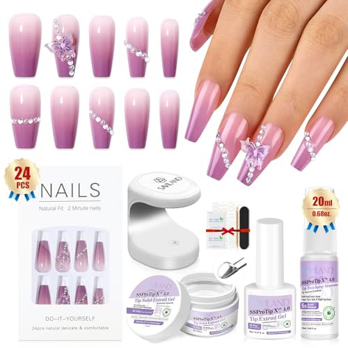 SSProTip Press On Nails Kit: Long-Wear Butterfly Pinky Diamond Flase Nail Stick on Nails with UV Cured Gel Nail Glue Nail Lamp Soft Tips Gel Glue 100% Acrylic Fake Nails Fast & Easy Home DIY