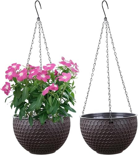 WOWEI Hängende Blumenampel 2er Set Selbstbewässerung Hängepflanztöpfe mit Wasserspeicher & Ablaufloch Bienenwabe Hängekorb Hängeampel Blumenampel Makramee für Pflanzen mit Ketten (Braun, L:2er Set)