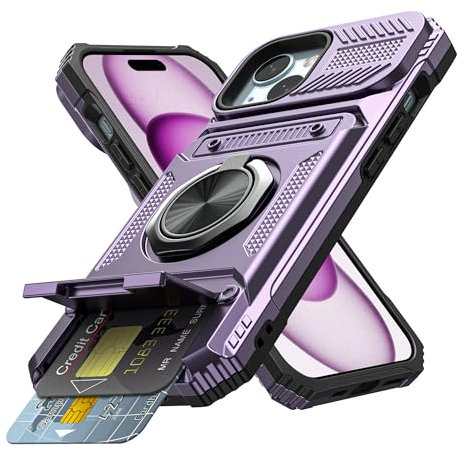 Coolden for iPhone 15 Case with Card Holder [Max 2 Cards] Ring Holder Kickstand Armor Shockproof Military Grade Dual Layer Heavy Duty Protective Wallet Case Cover for iPhone 15 Phone Case-Purple