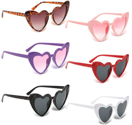 NCOALE 6 Stück Herz Sonnenbrille, Vintage Herzbrille für Damen Hippie Partybrillen, Lustige Sonnenbrille Herzform Brille Anti-UV400, für Party, Urlaub, Hochzeit Braut, Karneval (6 Farben)