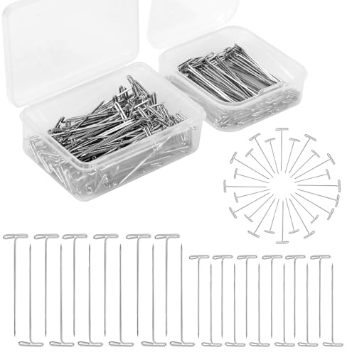 200 Pcs T Pins, Wig Pins for Stainless Steel T-Pins, Blocking Pin | T Pins for Blocking Knitting, Wig Pins for Mannequin Head Wig Making Crafts Sewing with 2 Plastic Boxes (1.5 inch / 2 inch)