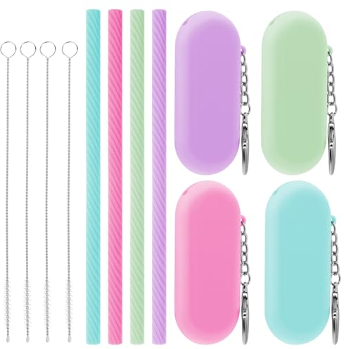 COMNICO Silicone Straws, 4 Set Reusable Replacement Drinking for Party Travel Cold or Hot Straw with Case Foldable Colorful Portable Drinking Straws Set for Glasses Cups Jars with Cleaning Brush