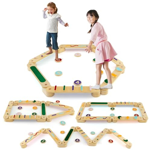 COSTWAY Poutre d'équilibre en Bois Enfant avec Pierres d'obstacle Colorées, Jouets Montessori d'entraînement d'équilibre avec Design Double Face, Charge 60kg pour Tout-petits de 1 An+