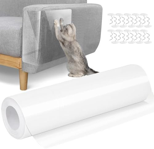 Domkan Katzen Kratzschutz Tape, 20cm x 3m Kratzfolie Katzen Selbstklebend, Kratzschutz Katze Transparent mit 20 Twist Pins, Möbelschoner Katze für Sofa Wand Tür Möbel