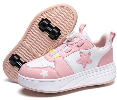 Schuhe Mit Rollen Für Jungen Und Mädchen, Rollschuhe Für Kinder Mit 4 Rollen, Einziehbarer Trainer, 2-in-1-Rollschuhe, Multifunktionaler Trainer, Skateboardschuhe, Rollschuhe (38EU,Pink)