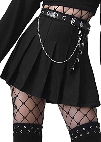 Minirock Damen Schwarz Faltenrock Gothic Kleidung Damen Mini Rock Sommer Steampunk Skirt Party Plisseerock Club Rock mit Gürtel Kette A Linie Goth Clothes