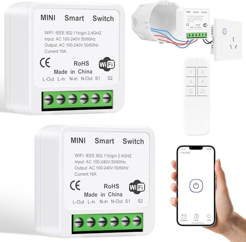 AXFEE Interruttore intelligente, 2PZ Dispositivo Wi-Fi per Automazione Domestica di Luci, Controllo Vocale/Timer, 2.4G wifi, 1 via/2 vie, Compatibile con Alexa Google Home (Con telecomando)