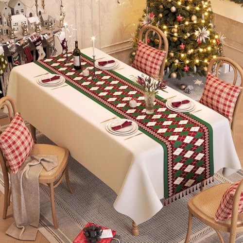 Weihnachts-tischläufer Für Tartan-urlaubsparty, Outdoor-Dekoration, Rot-weißer Weihnachts-tischläufer Mit Quasten, Für Den Innen-Winter-küchen-esstisch(Size:32X180CM,Color:F)
