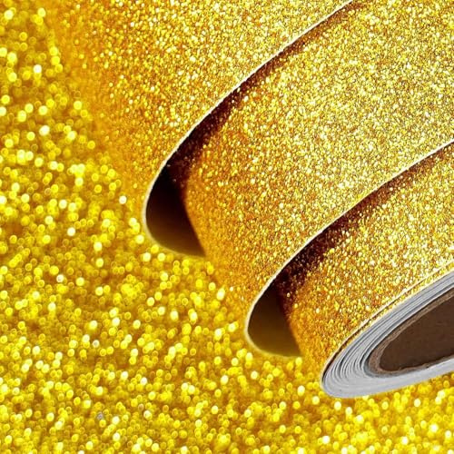 FunStick 40CM×6M Peel and Stick Wallpaper Gold Glitter Vinyl Wrap for Kitchen Cupboards Dressing Table Sparkle Wallpaper Wedding Kids Card Making Decor Gold Sticky Back Plastic for Walls Shelves Books