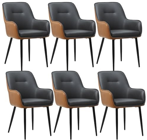 CLIPOP Esszimmerstühle 6er Set mit Armlehne Kunstleder Grau-Braun, Gepolstert Küchenstuhl, Sessel Esszimmerstuhl Loungesessel Wohnzimmer Empfangstühle für Esszimmer Küche