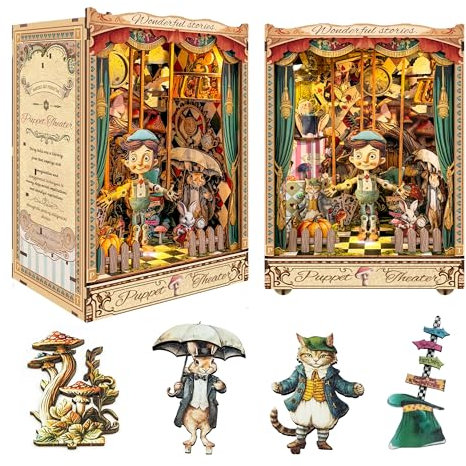 STRUCWOOD Adult Book Nook Kit, DIY Mini Dollhouse Book Corner Kit with LED Light and Dust Shield, Adult 3D Wooden Bookshelf Puzzle Book Corner Insertion Decorative Crafts - Puppet Theater (SQ-33)