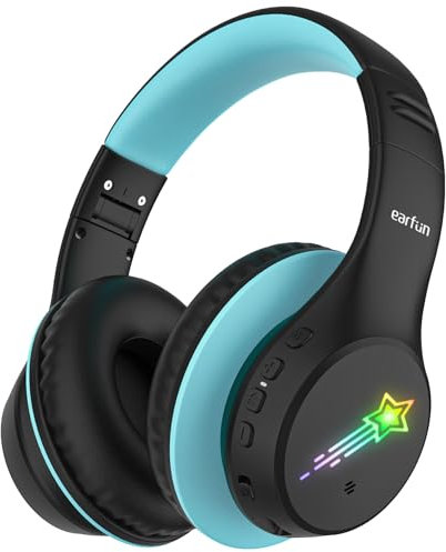 EarFun Kids Wireless Headphones Bluetooth 5.4, Kids Headphones with LED Lights, Safe Volume 74/85/94dBA with Mics, 90H Playtime, Over Ear Hi-Fi Stereo Sound for Tablet Travel Boys, Black