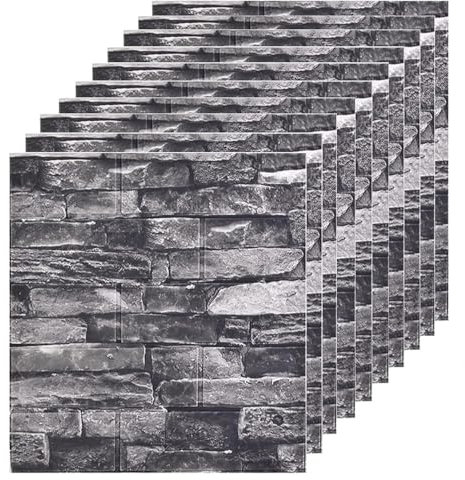 EMSMIL 10 Stück 3D Ziegel Tapete Selbstklebend Wandpaneele Schwarz 77 x 70 cm Modern Wasserfest Steinoptik Tapeten Schaumstoff Wandaufkleber für Badezimmer Schlafzimmer Wohnzimmer Balkon Küchen
