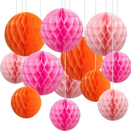 CC wonderland zone 12pcs Orange and Pink Paper Honeycomb Balls,6 & 10 Hanging Tissue Pom poms for Birthday Party Decoration(Deep Pink,Pink,Orange)
