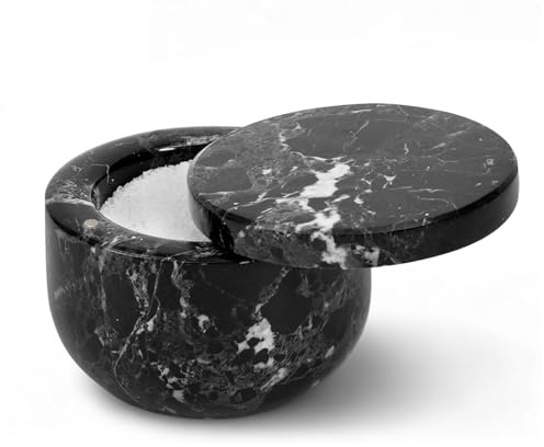 Earthen Crafts Marble Salt Cellar 3 Inch Black Salt Box with Swivel Lid - Spice Container for Kitchen Counter - Salt and Pepper Storage