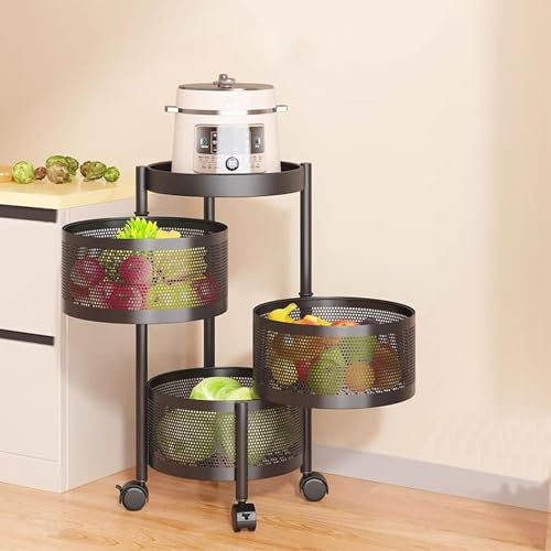 Panier de fruits et légumes rotatif, support de rangement rond de cuisine, support de stockage de fruits rotatif, chariot de rangement pour cuisine avec 4 roues - 3 étagères en ronde panier - NOIR