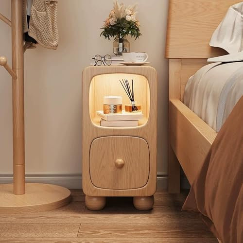 Nachttisch aus Massivholz mit kabellosem Laden und Induktions-LED-Licht, kompakter Beistelltisch für Schlafzimmer und Wohnzimmer