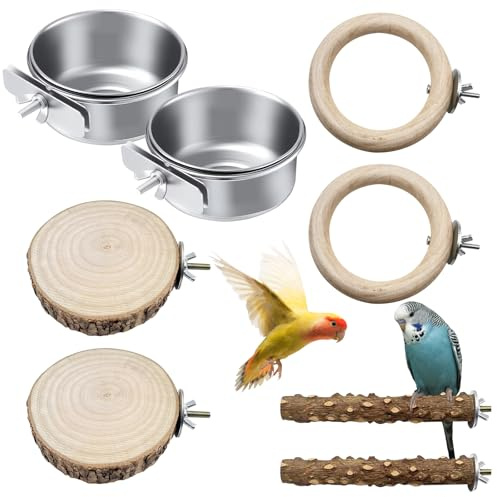 8 Stück Natur Sitzstangen Set für Vögel, Edelstahl Vogel Futternapf zum Einhängen Wellensittich Sitzbrett Vogelkäfig Zubehör für Nymphensittich Kanarienvogel Agaporniden