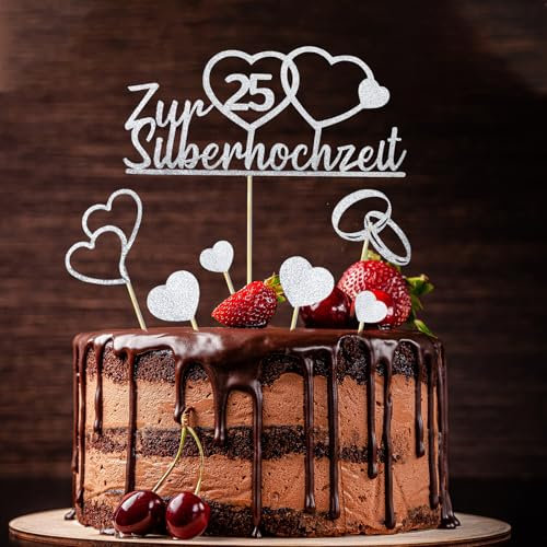 7 Stück Tortendeko Silberhochzeit 25 Zur Silberhochzeit Liebe Cake Topper Glitzer Silber 25 jahre silberhochzeit Dekoration Tortenstecker Hochzeit