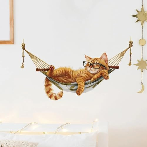 Flaxarne Wandtattoo Katze Wandaufkleber Orangene Katze in Hängematte Cartoon Wanddeko für Kinderzimmer Schlafzimmer Wohnzimmer Selbstklebend Abnehmbar