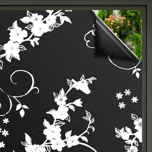 Black Out Window Film Privacy, Privacy BlackOut Glass Film, Light Blocking Black Frosted Privacy Film UV Protection for Glass Windows and Doors, Flower Pattern 44.5×300 cm
