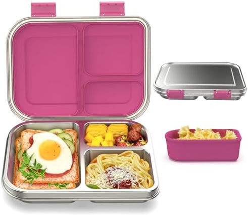 Edelstahl Brotdose Lunchbox Kinder, Metal Bento Lunch Box Auslaufsicher,3 Fächern mit Silikonbehälter, Spülmaschinenfest, Kinderfreundliches Design für Schule, Picknick und Reisen,BPA frei (Rosa)