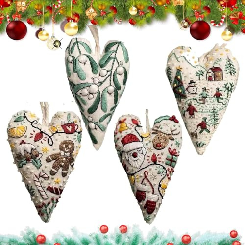 Wenchrisdt Christmas Heart Embroidery Kit, DIY Heart-Shaped Christmas Decoration for Beginners,Heart Cross Stitch Kit with Needles and Thread, Hand Embroidery Xmas Tree Hanging Ornament(4PCS/Set)