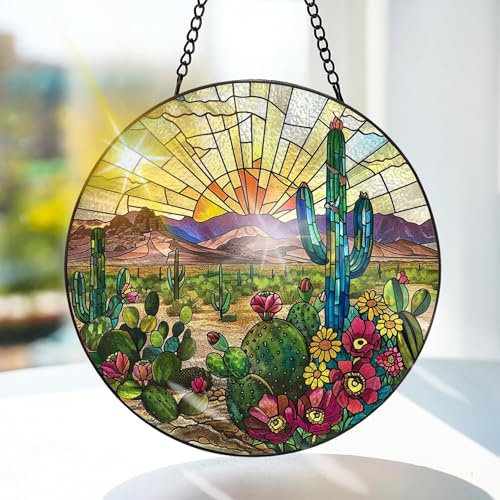 Bimkole Cactus Vetro Colorato Appeso - Piante Decorazione di Finestra Appesa - per Giardino, Finestra e Porta, Natale, Decorazione di Suncatcher Fatta a Mano 20x20 cm