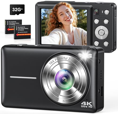 Cámara Digital 4K 64MP, Doble cámara con Enfoque automático, Flash, Zoom 16X, estabilización, Tarjeta de 32 GB, Cámara de Fotos compacta para niños, Adolescentes, Adultos y Principiantes (Negro)