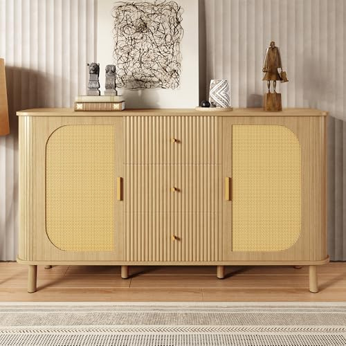 LULUWA Moderner Sideboard Schrank mit Wiener Geflecht 140cm, Kommode mit 3D-Wellen-Schubladen & Bogen-Design, Metallbeine Holz-Optik Anrichte mit Kabelmanagement & Kippschutz für Wohnzimmer & Flur