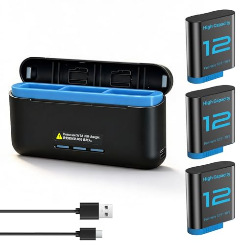 Hero 12 Akku Ladegerät Sets für GoPro Hero 12, 11, 10, 9 Black, 3er-Pack 2580 mAh Ersatzakkus + Dreifach-Ladetasche mit Typ-C Ladekabel für GoPro 12, 11, 10, 9 Akku Zubehör