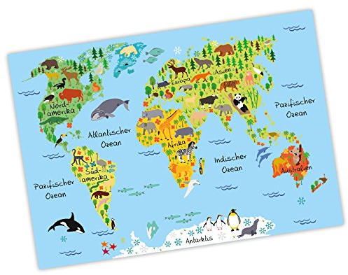nikima - Kinder Weltkarte Blau Poster Plakat Tiere Erde Wandbild Kinderzimmer schöne Wanddeko Kontinente (A3-420 x 297 mm)