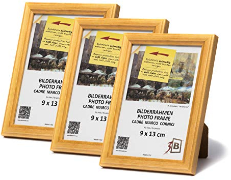 3-B Bilderrahmen GERA - 3-Pack - Natur - 9x13 cm - Holzrahmen, Fotorahmen, Portraitrahmen mit Acrylglas