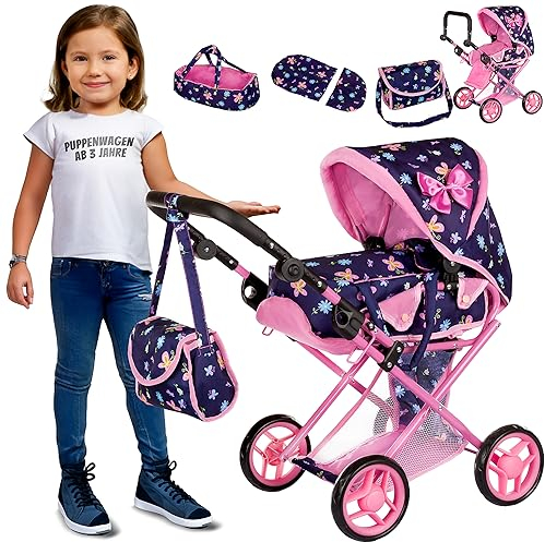 Kinderplay Puppenwagen ab 1 2 3 Jahre Kinderwagen Spielzeug - 3 in 1, Puppenwagen mit Herausnehmbarer Tragetasche und Umhängetasche, Höhenverstellbar 34.5 cm bis 64 cm, KP0200I