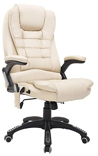 HOMCOM Massagesessel Bürosessel Bürostuhl Chefsessel Gamingsessel 6 Punkt Vibrations Massage mit Wärmefunktion Kunstleder Ledersessel drehbar Creme 62 x 68 x 111 – 121cm