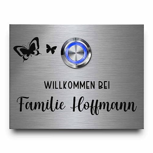 CHRISCK design - Edelstahl Türklingel Modell Hoffmann - ab 9x7 cm mit eigenem Wunschtext und Motiv graviert | witterungsbeständiges Edelstahl mit beleuchtetem Klingelknopf und optionalem Zubehör