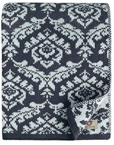 Linen & Cotton Jacquard Decke Wolldecke Gestrickt Caressa Damast Muster - 100% Reine Neuseeland Wolle, Dunkelblau Blau/Weiß (135 x 180cm) Kuscheldecke Strick Sofadecke Strickdecke Plaid Couch Sofa
