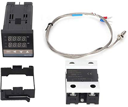 Controlador de Temperatura Digital, Rex-C100 0-400 ℃ Kit de Termostato de Controlador de Temperatura Pid Led Digital AC 110V-240V con Sensor de Termopar/Temperatura K, SSR Max25A