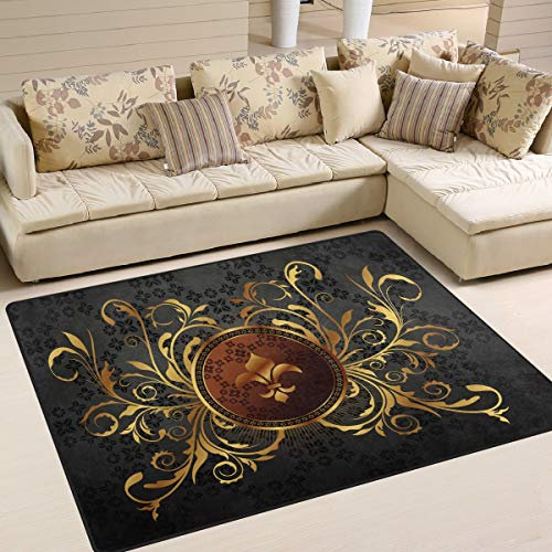 Grand tapis de sol, motif fleur de lys vintage, style contemporain, pour salon, chambre à coucher, 160 x 122 cm, doré
