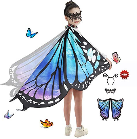 JEPOZRA Schmetterling Flügel Kostüm für Kinder Halloween Mädchen Umhang Fee Verkleidung Spielzeug Umhang Schal Prinzessin Party Elfen Set Cosplay,Maske und Kopfbedeckung sind enthalten